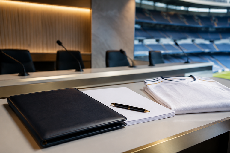 Hợp đồng và áo đấu trắng trong phòng họp sân bóng Madrid